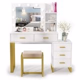 Lowest Prices - PAKASEPT Vanity Set with Lighted Mirror, Large Vanity Desk Makeup Vanity Dressing Table with 9 LED Lights, 5 Drawers, Storage Shelves&Cushioned Stool for Bedroom - Amazon