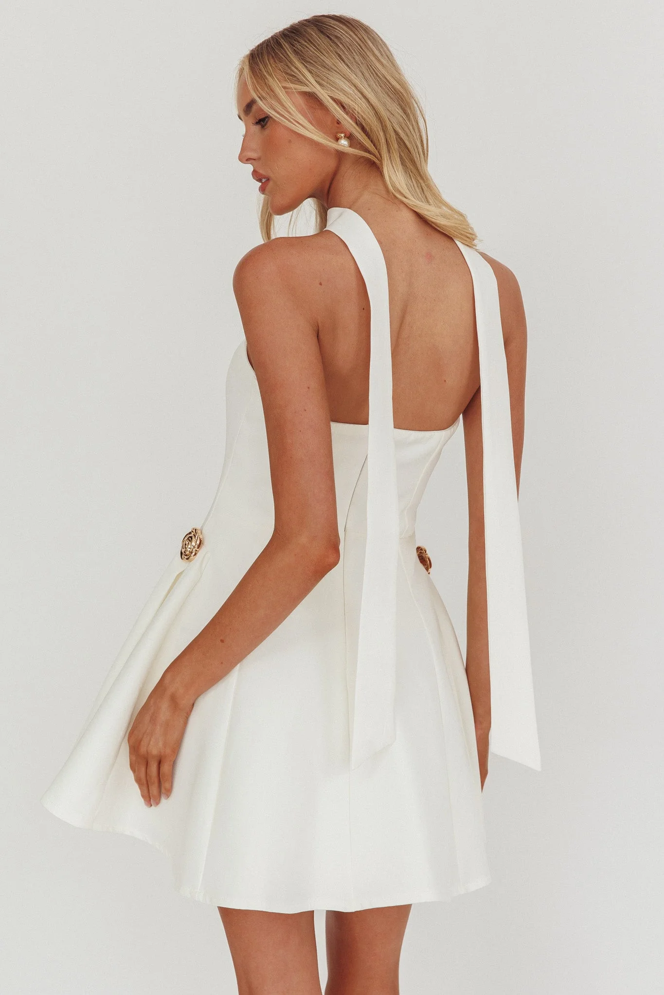 Annora Strapless Gold Button Mini Dress White