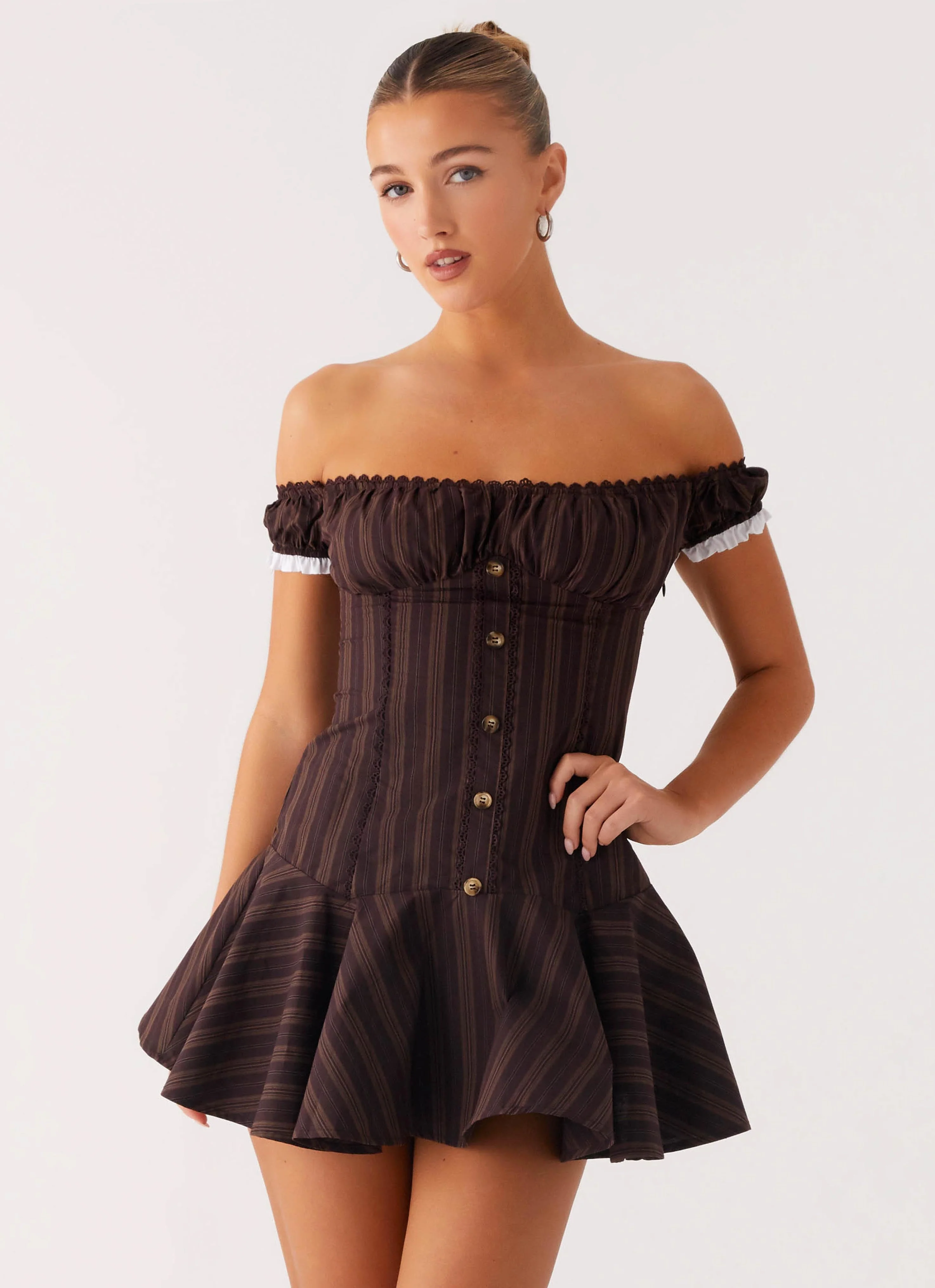 Jumana Off Shoulder Mini Dress - Toffee Stripe