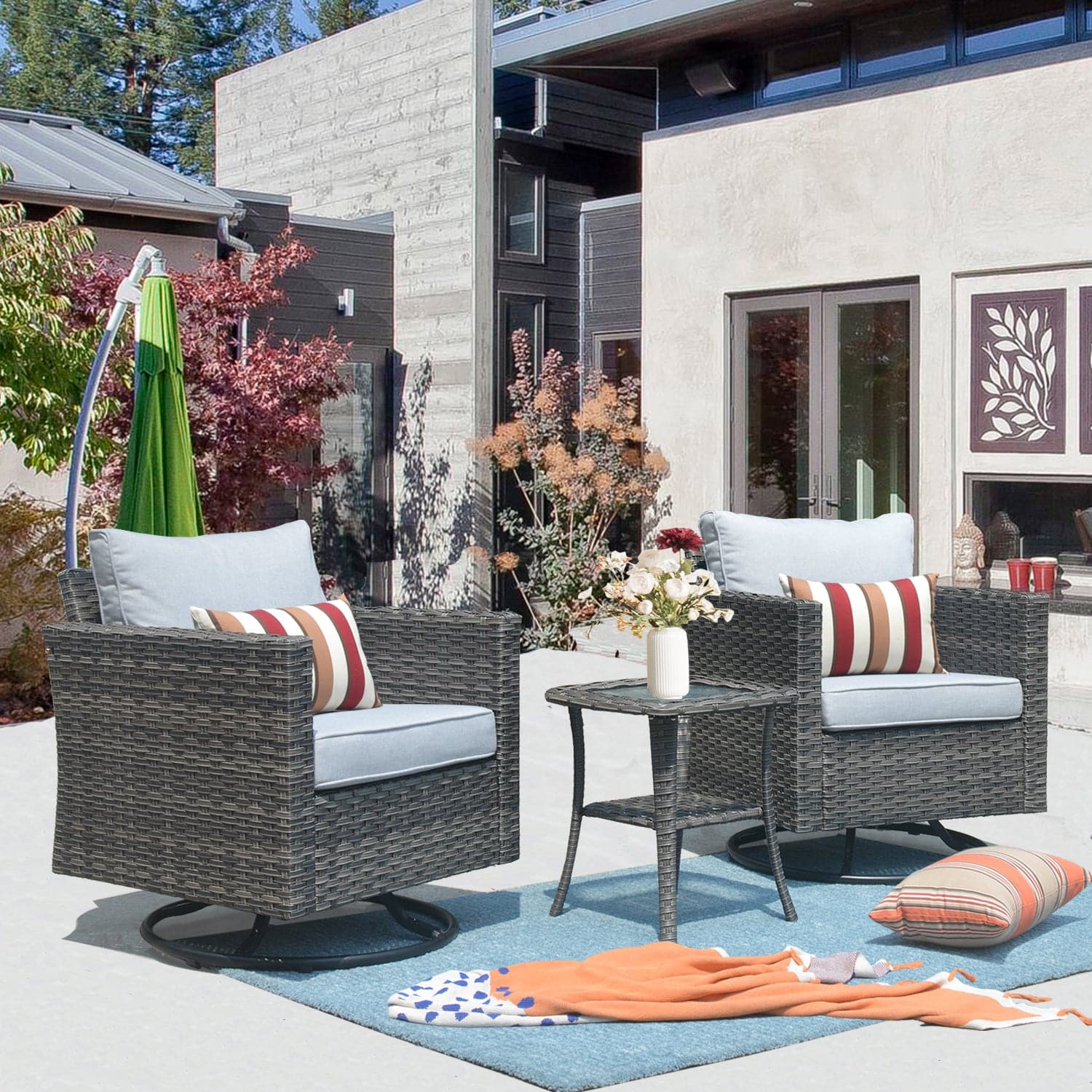 Patio Furniture 3-Piece Set with Swivel Chairs and Table Square Shape Armrest - Amazon