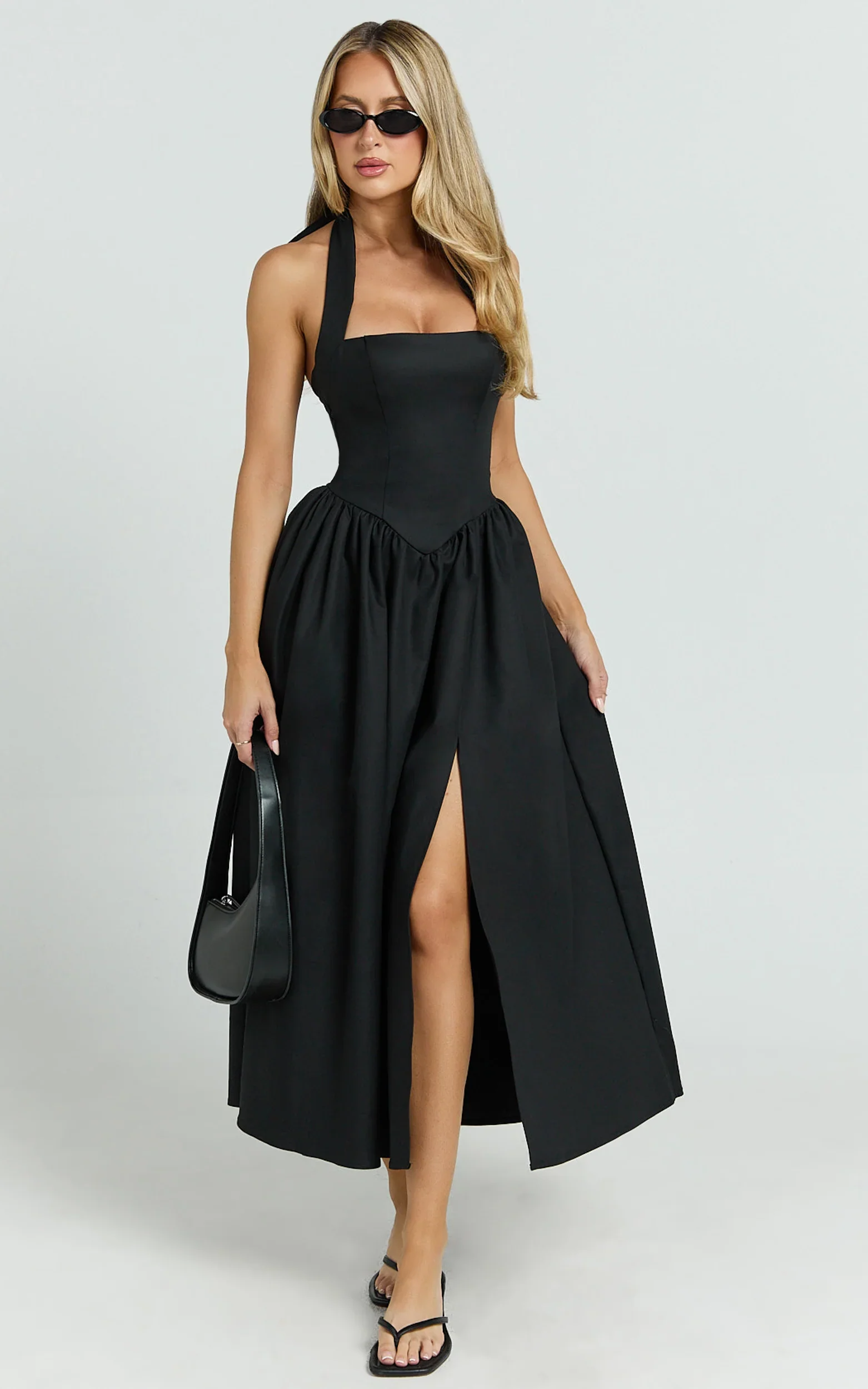 Halter Tie Neck Corset Panel Dress in Black