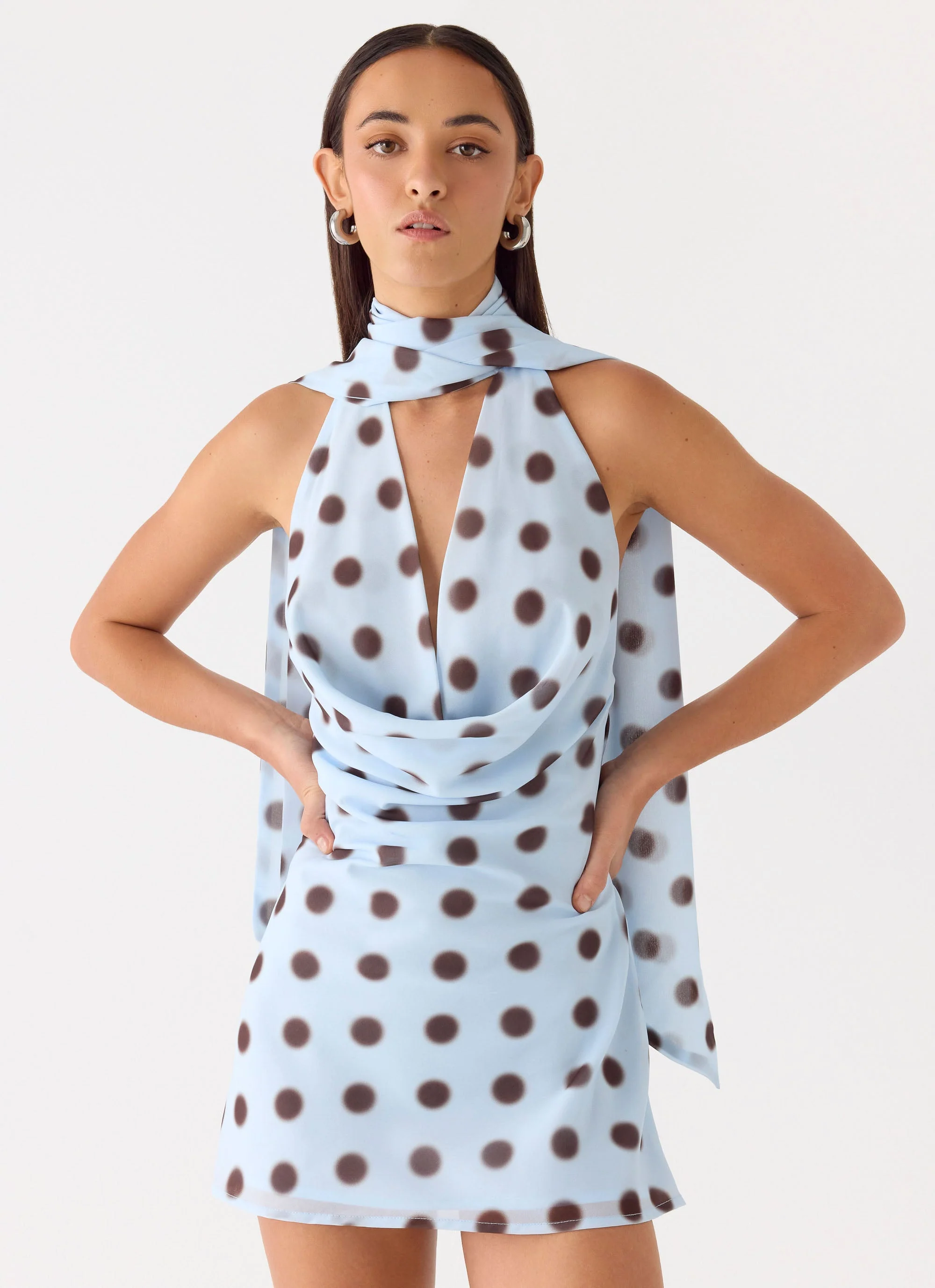 Get Me Halter Mini Dress - Blue Mocha Dot