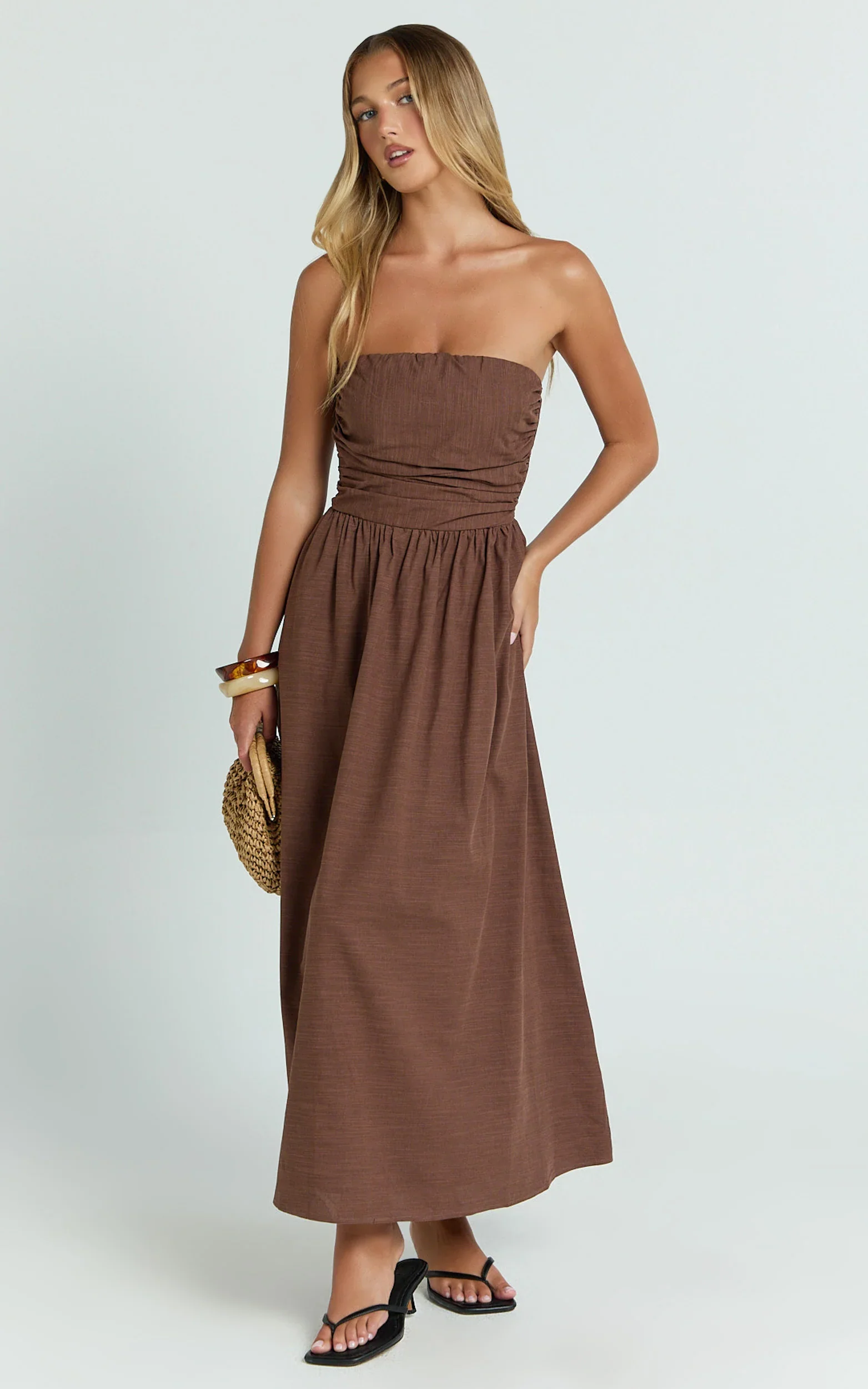 Strapless Ruched Dress in Chocolate