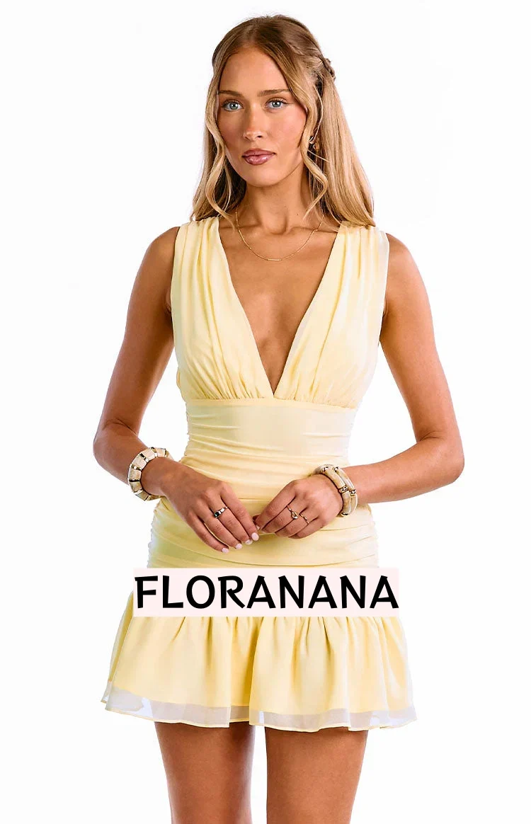 Brandie Yellow Ruched V Neck Mini Dress