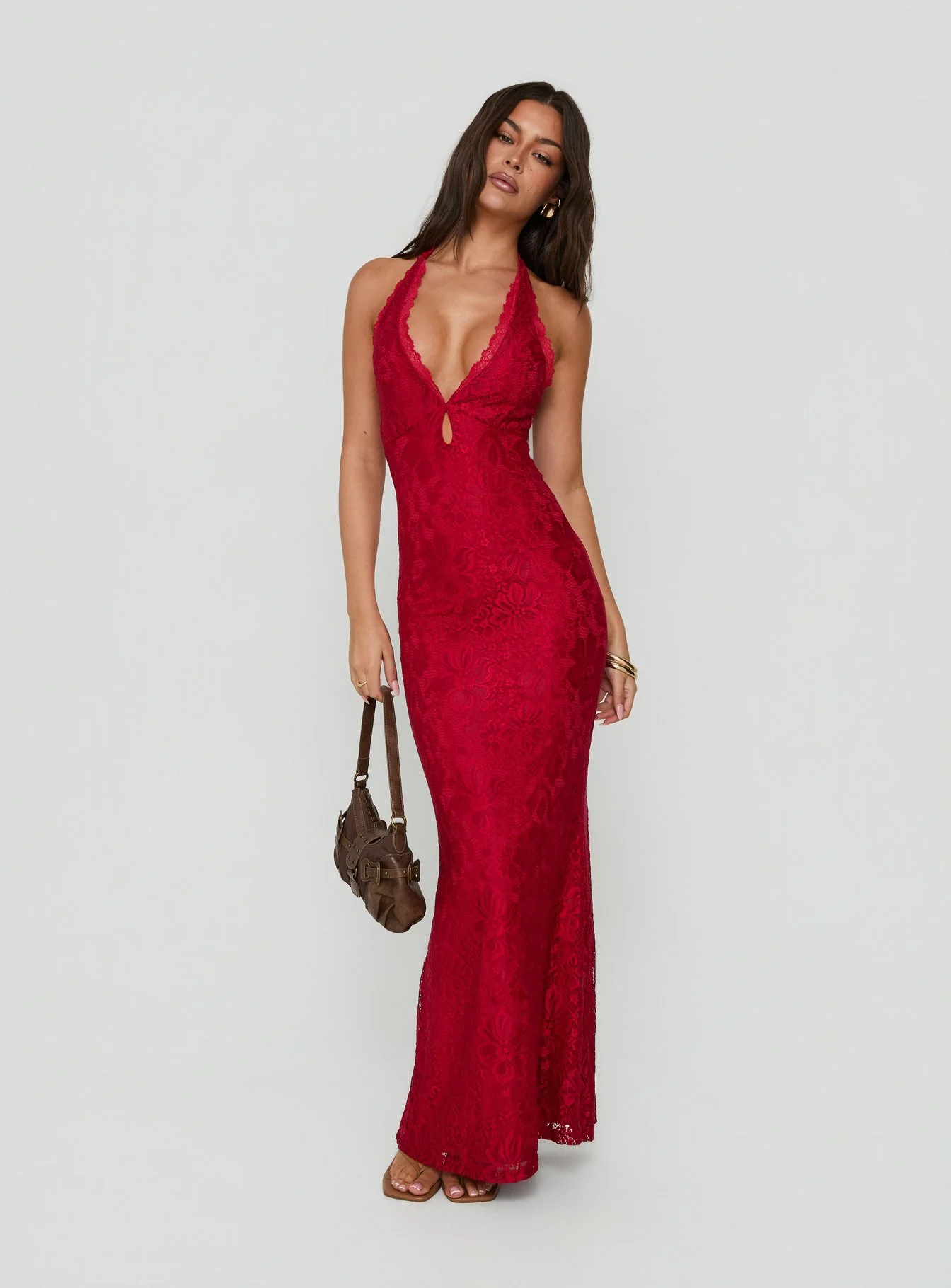 Kalaia Lace Halter Maxi Dress Red