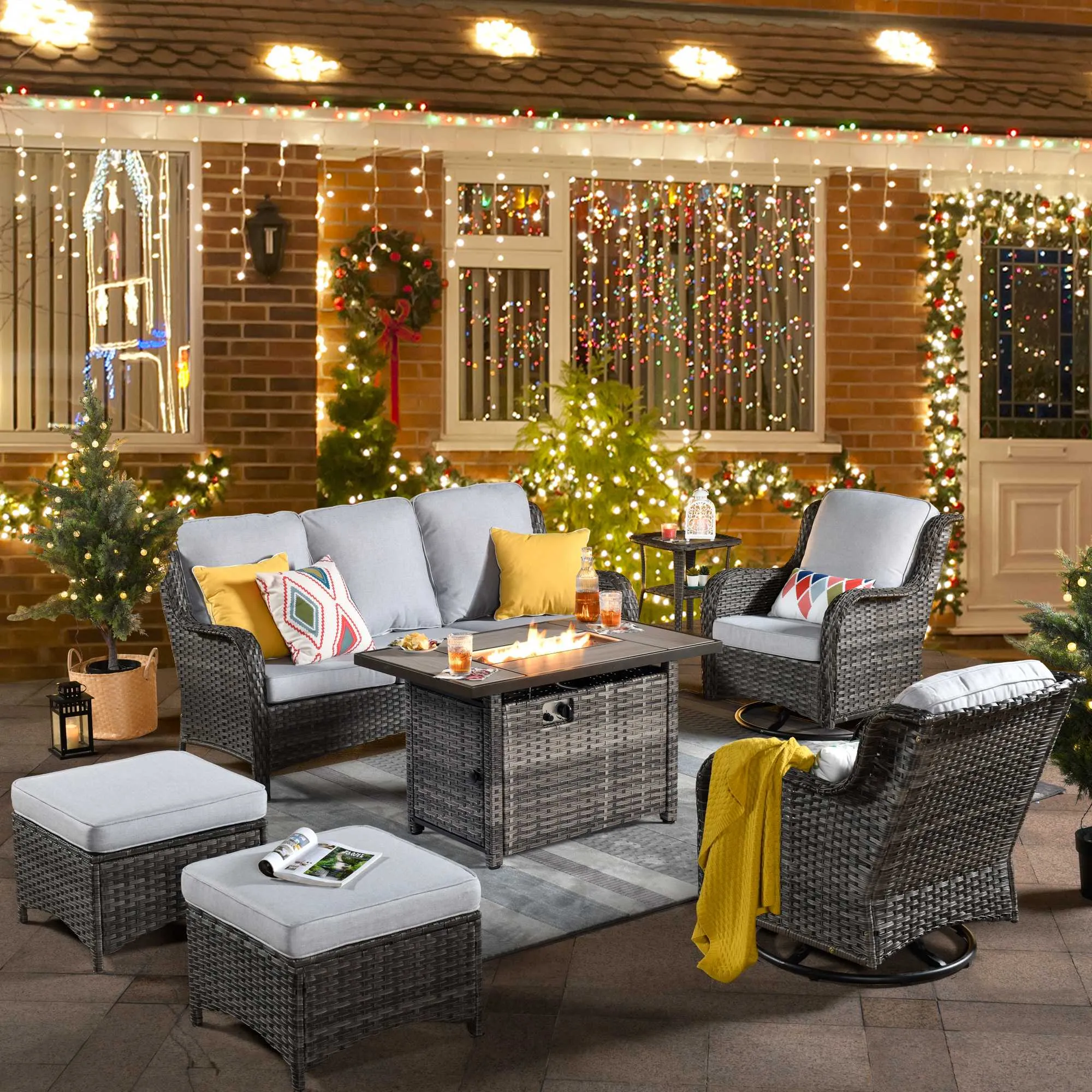 Patio 7-Piece Conversation Set with 42'' Rectangle Propane Fire Pit Table and Rocking Chairs Kenard - Amazon
