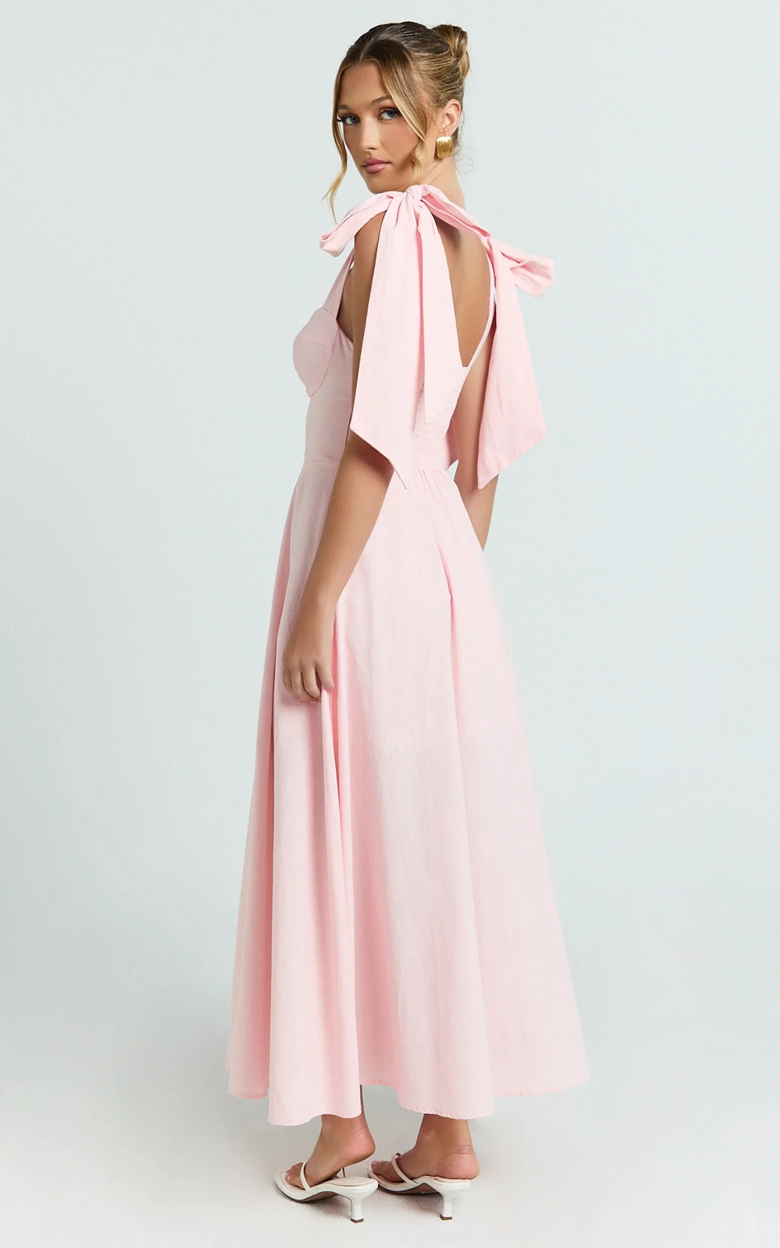 Shoulder Tie Bustier Shirred Back A Line in Pink