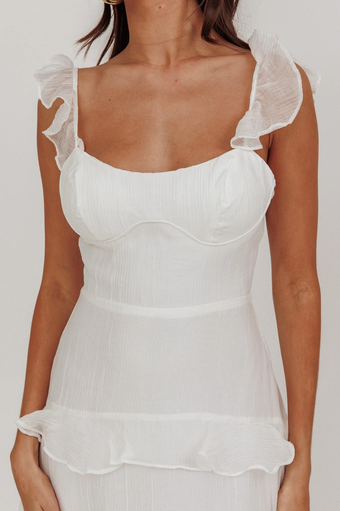 Moonlit Moment Ruffle Trim Lace-Up Back Maxi Dress White