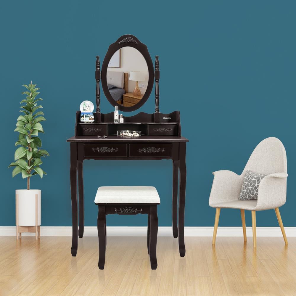 Lowest Prices - UBesGoo 4 Drawer Vanity Makeup Dressing Table Set w/Stool&Mirror Jewelry Wood Brown - Amazon
