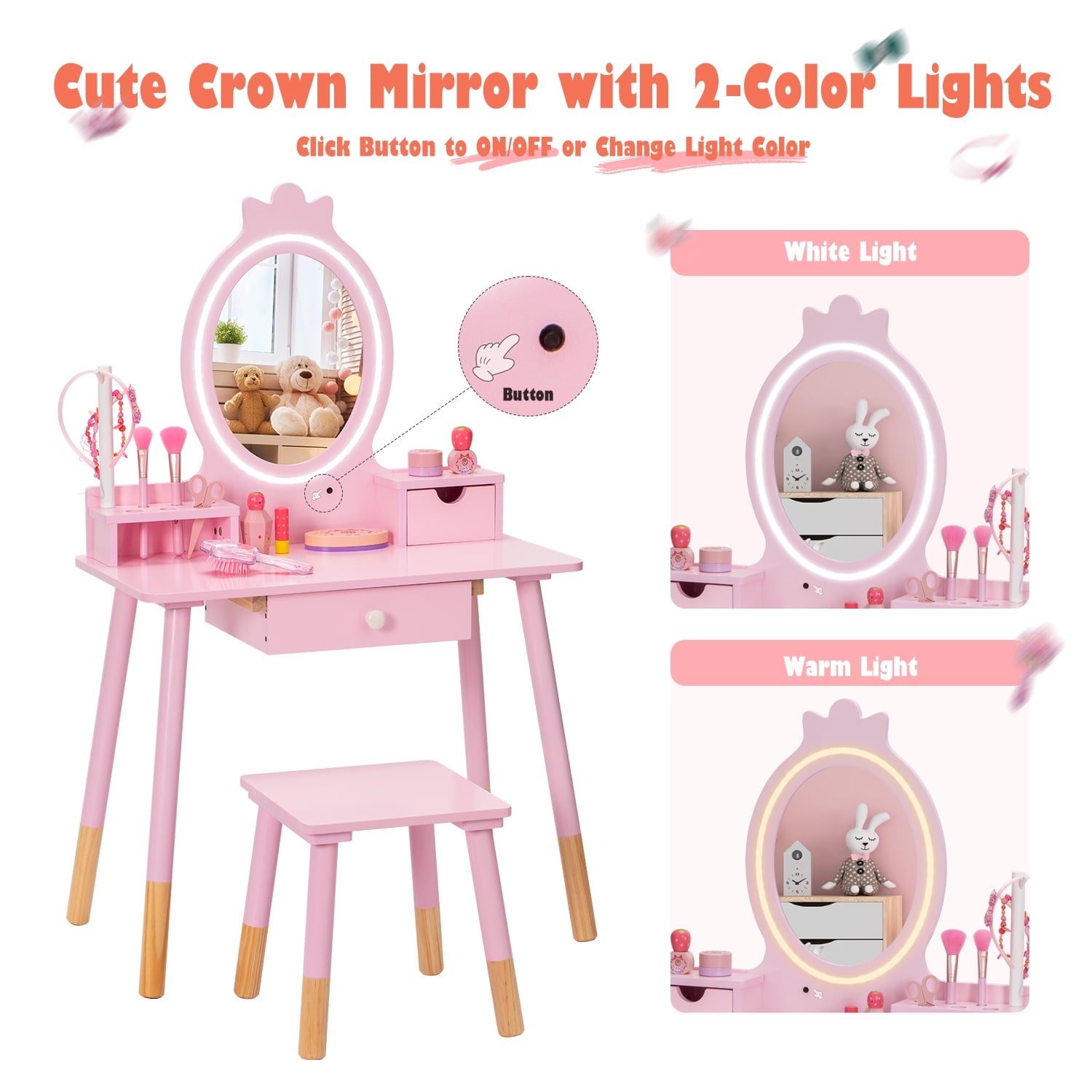 Lowest Prices - BRINJOY Kids Vanity Set with Mirror, Wooden Make Up Beauty&nbsp;Dressing Table with Lights & Stool & Jewelry Rack & Storage Board, Children Princess Vanity Table Pretend Playset for Girls - Amazon
