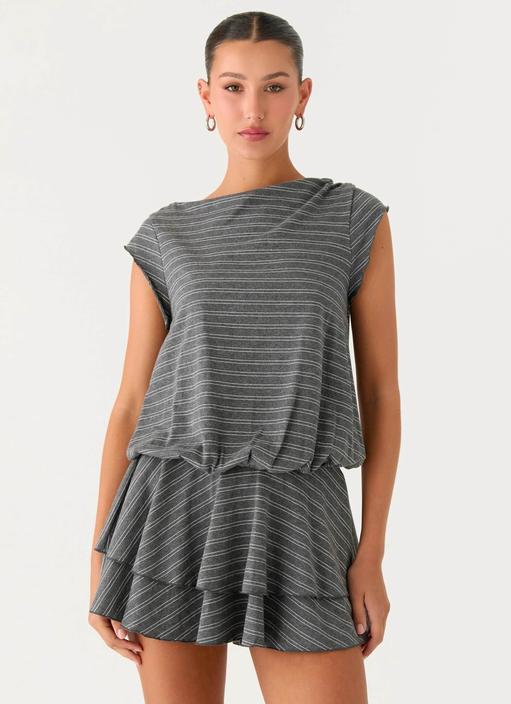 Bambola Wide Neck Mini Dress - Grey Marle Stripe