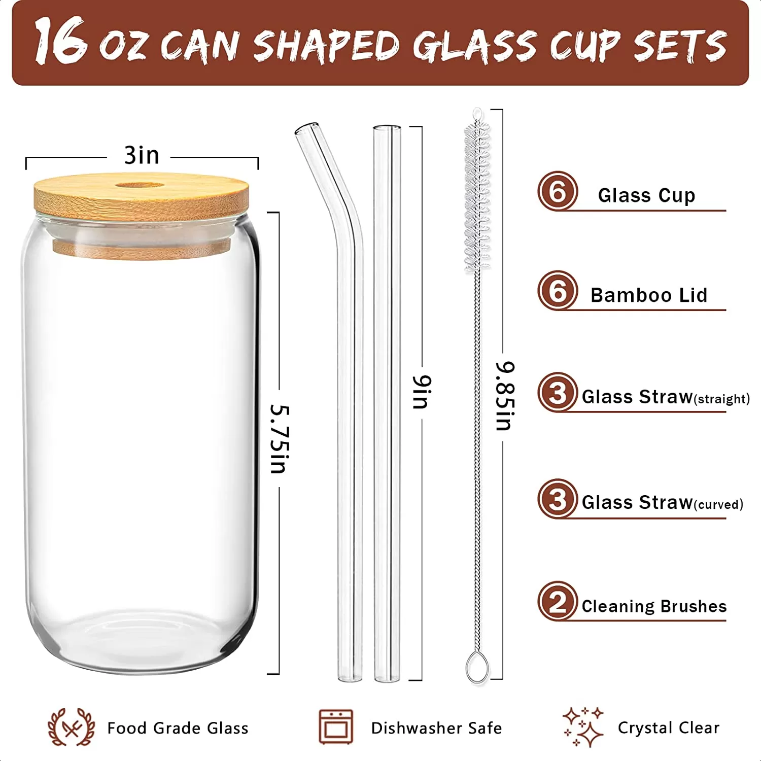 6 Pcs Drinking Glasses with Bamboo Lids and Glass Straw - 16 Oz Can Shaped Glass Cups Beer Glasses Ice Coffee Glasses Cute Tumbler Cup Great for Soda Boba Tea Cocktail Include 2 Cleaning Brushes - Amazon