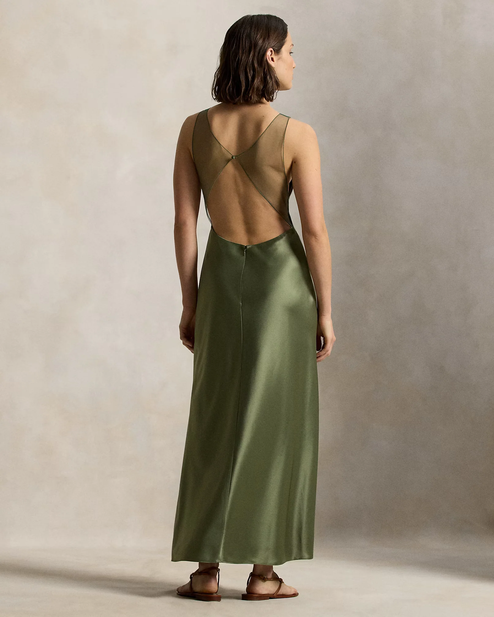 Sheer-Panel Satin Dress