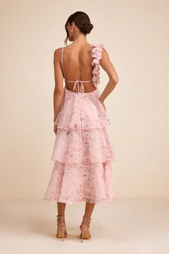 Daleyza Light Pink Floral Organza Tiered Midi Dress