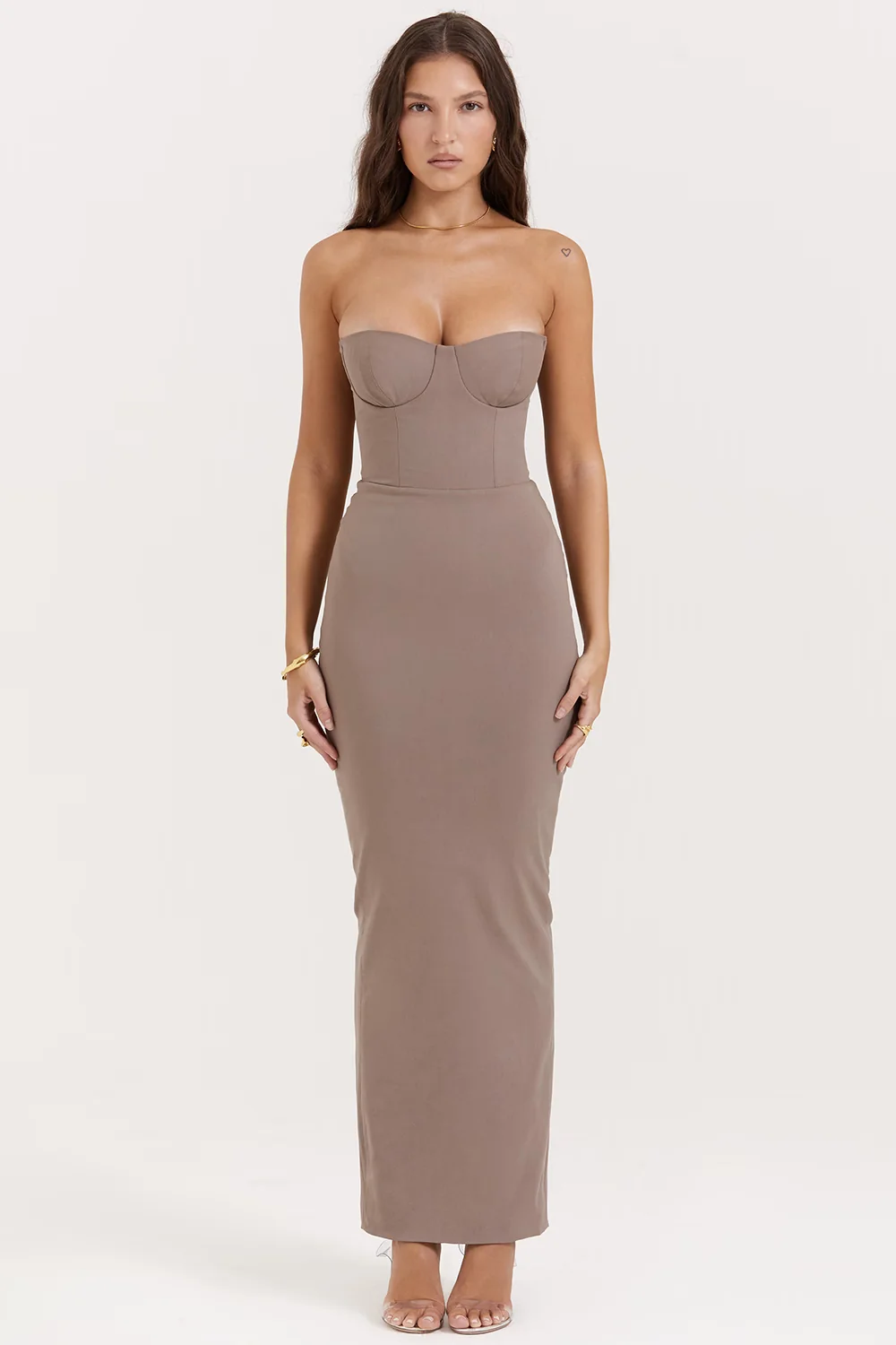 taupe strapless corset maxi dress