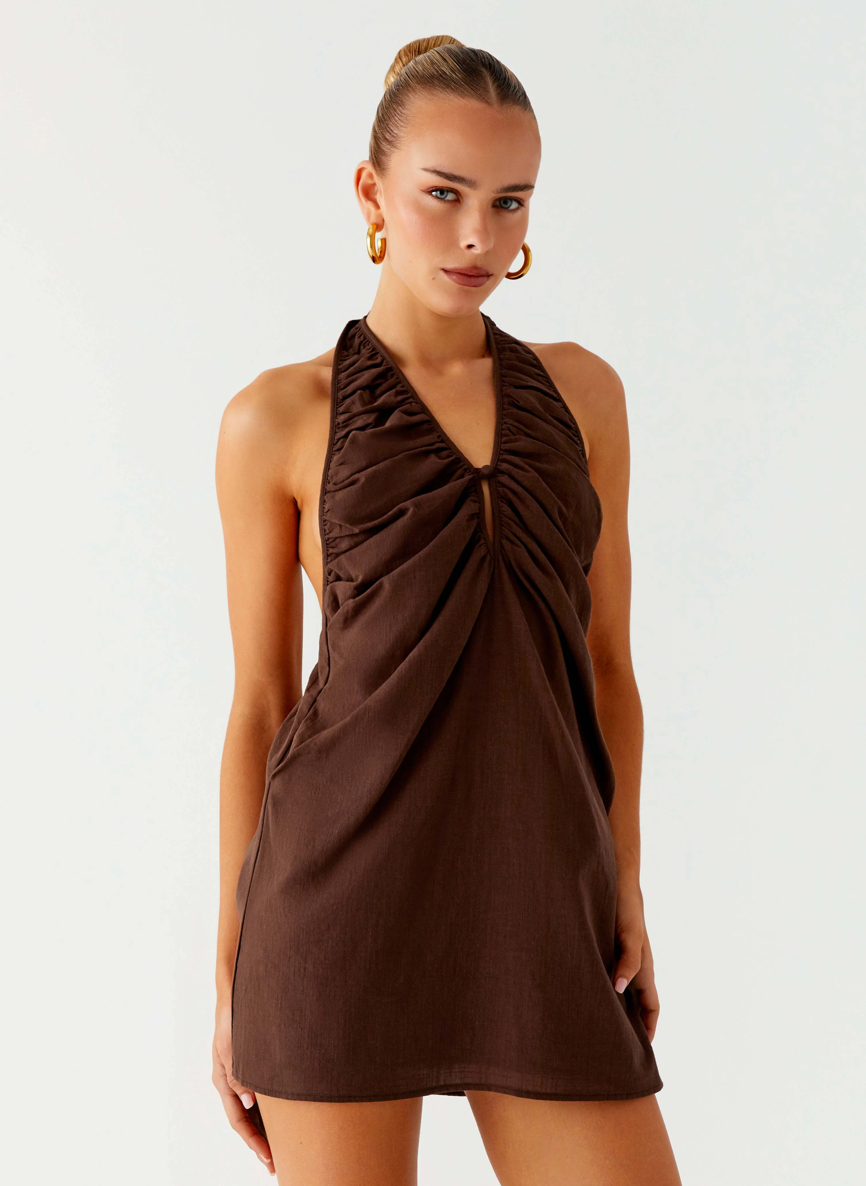 Jepsen Cotton Halter Mini Dress - Chocolate