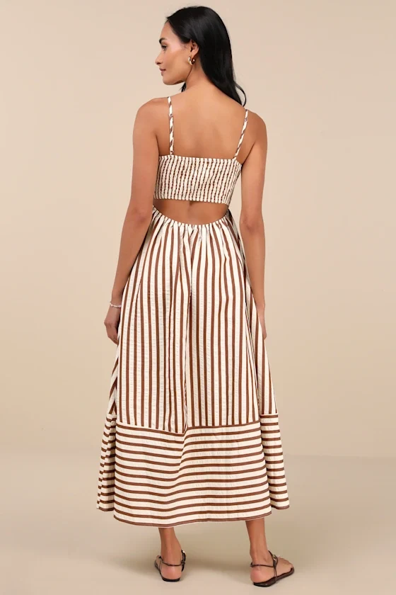 Exceptionally Pristine Brown and Cream Striped Cutout Midi Dress