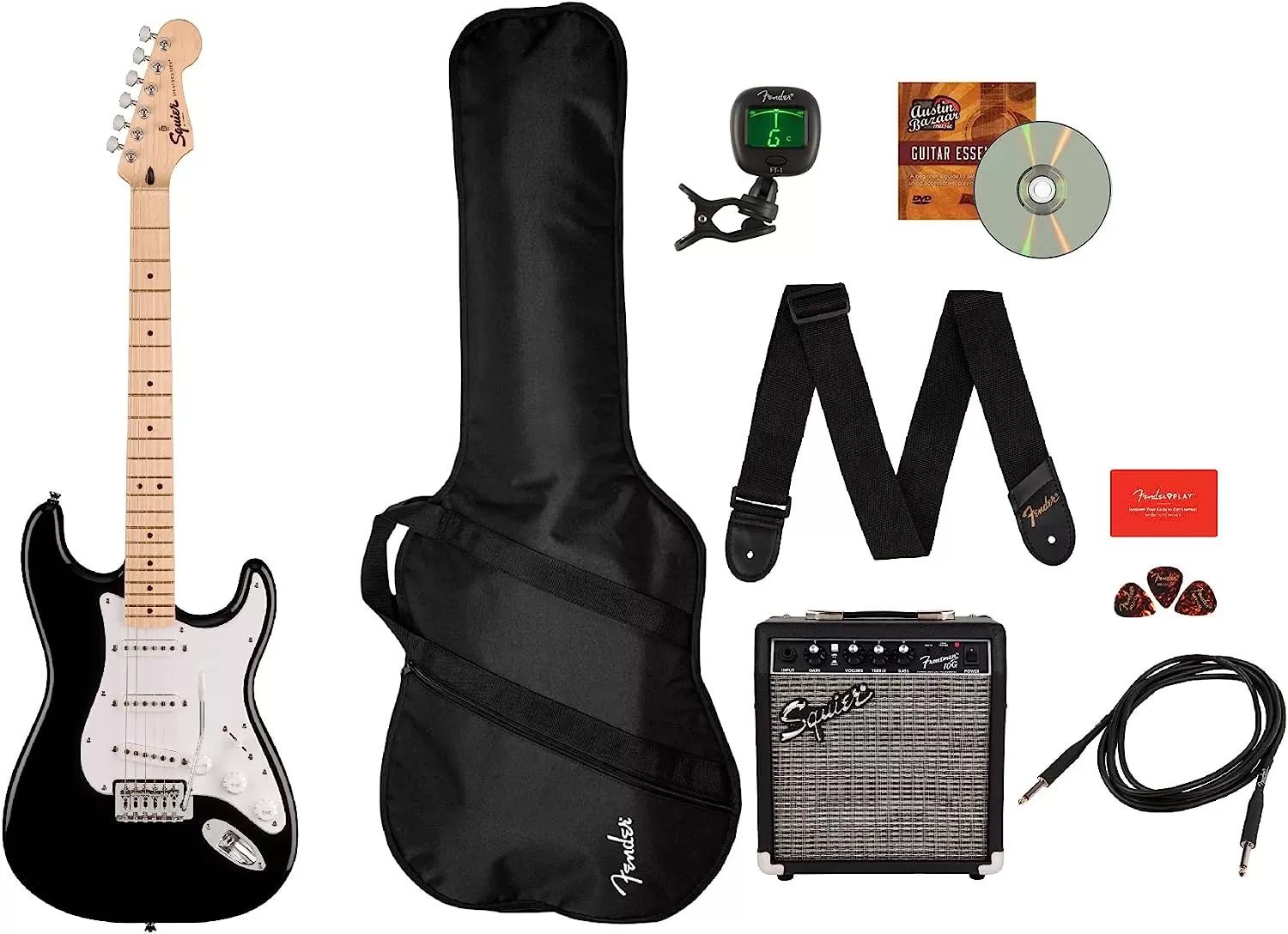 Fender Squier Stratocaster - Sunburst Bundle with Frontman 10G Amp, Gig Bag, Instrument Cable, Tuner, Strap, Picks, Fender Play Online Lessons, Instructional Book, and Austin Bazaar Instructional DVD - Amazon