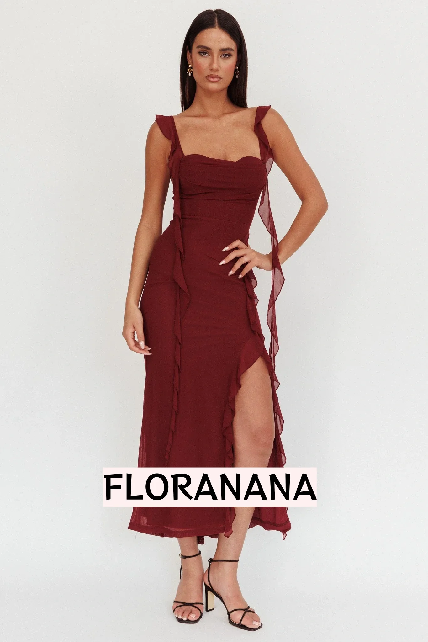 Blushing Ruffle Trim Maxi Dress Wine