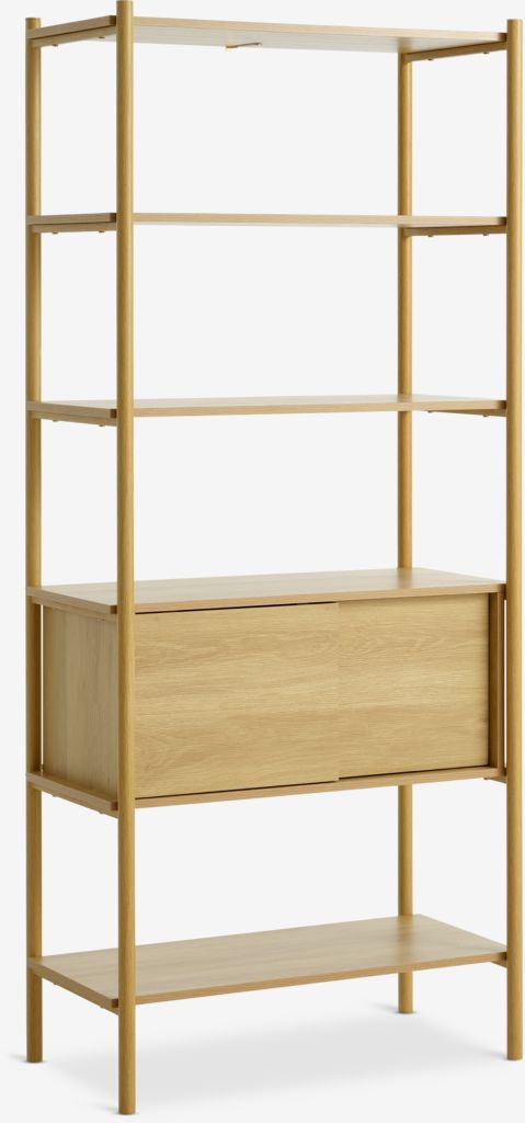 Shelving unit LINDVED 6 shelves 2 doors oak colour - Amazon