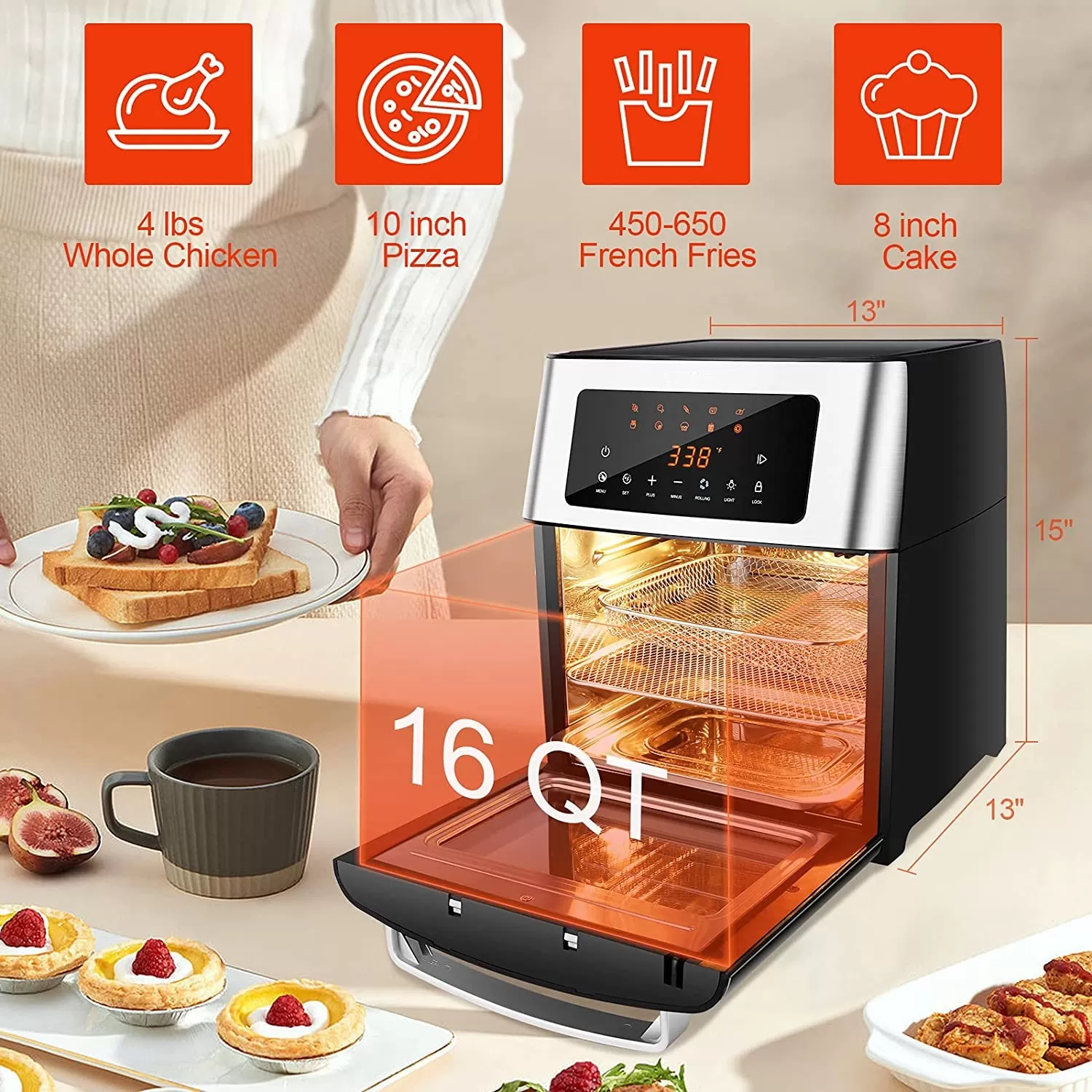 Air Fryer Toaster Oven Combo 16 Quart, 1500W Countertop Convection Roaster with 10 in 1 Smart Cook Presets, Rotisserie, Dehydrator, Rolling  Lock Function with 5 Accessories  Auto Shut Off - Amazon