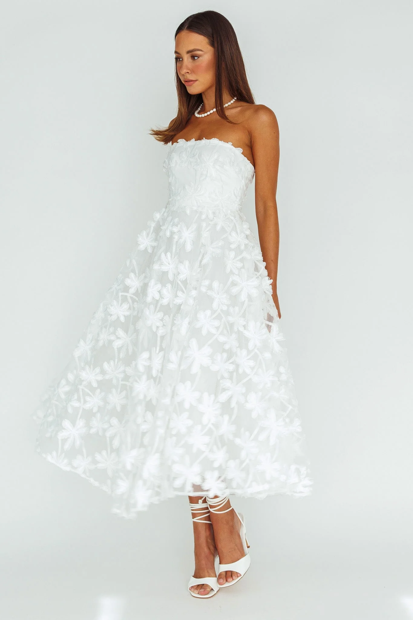 Dori Floral Embellished Midi Dress White