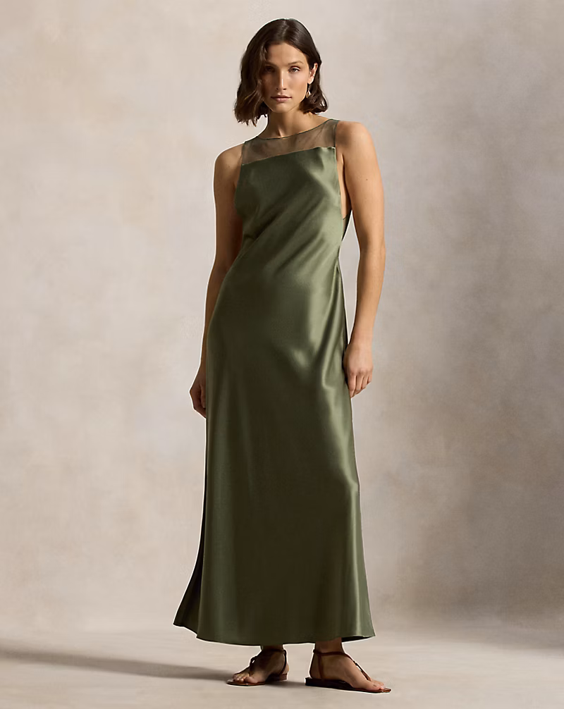 Sheer-Panel Satin Dress