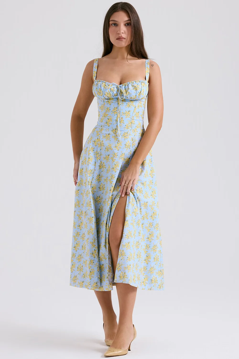 soft blue vintage floral print cotton bustier sundress