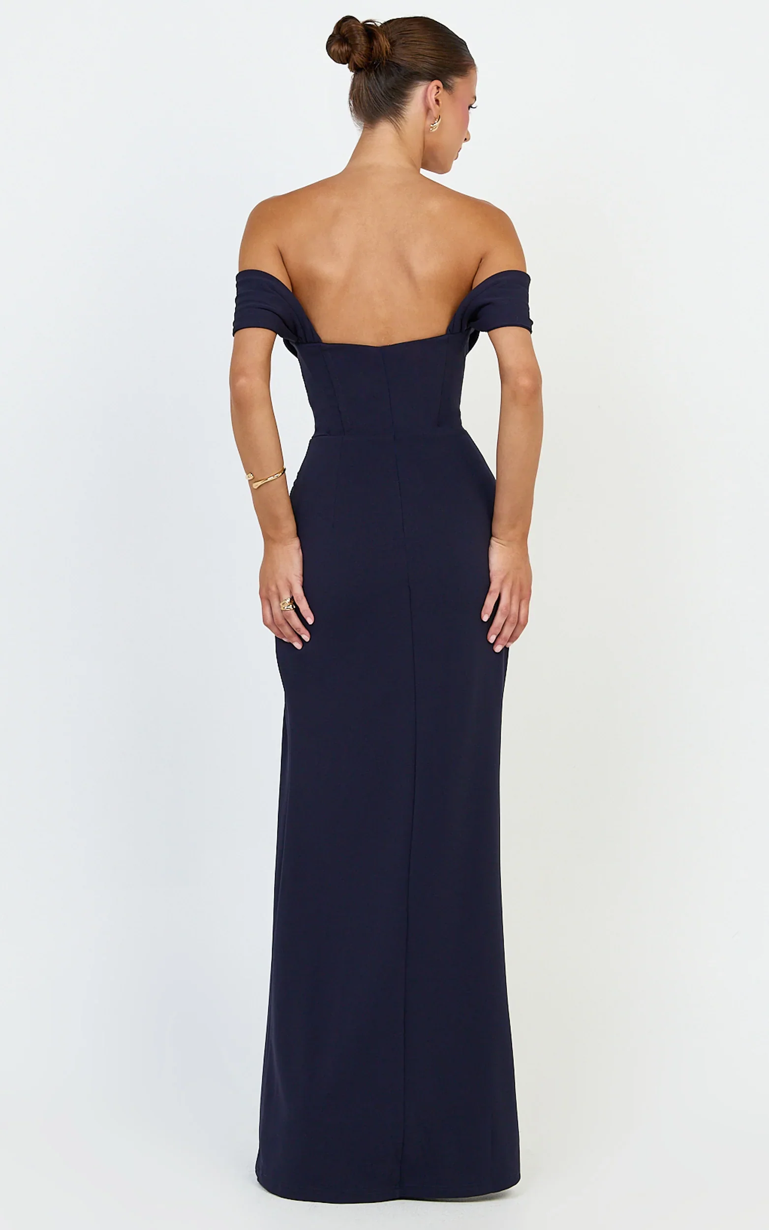 Off Shoulder Corset High Split Dress in Navy