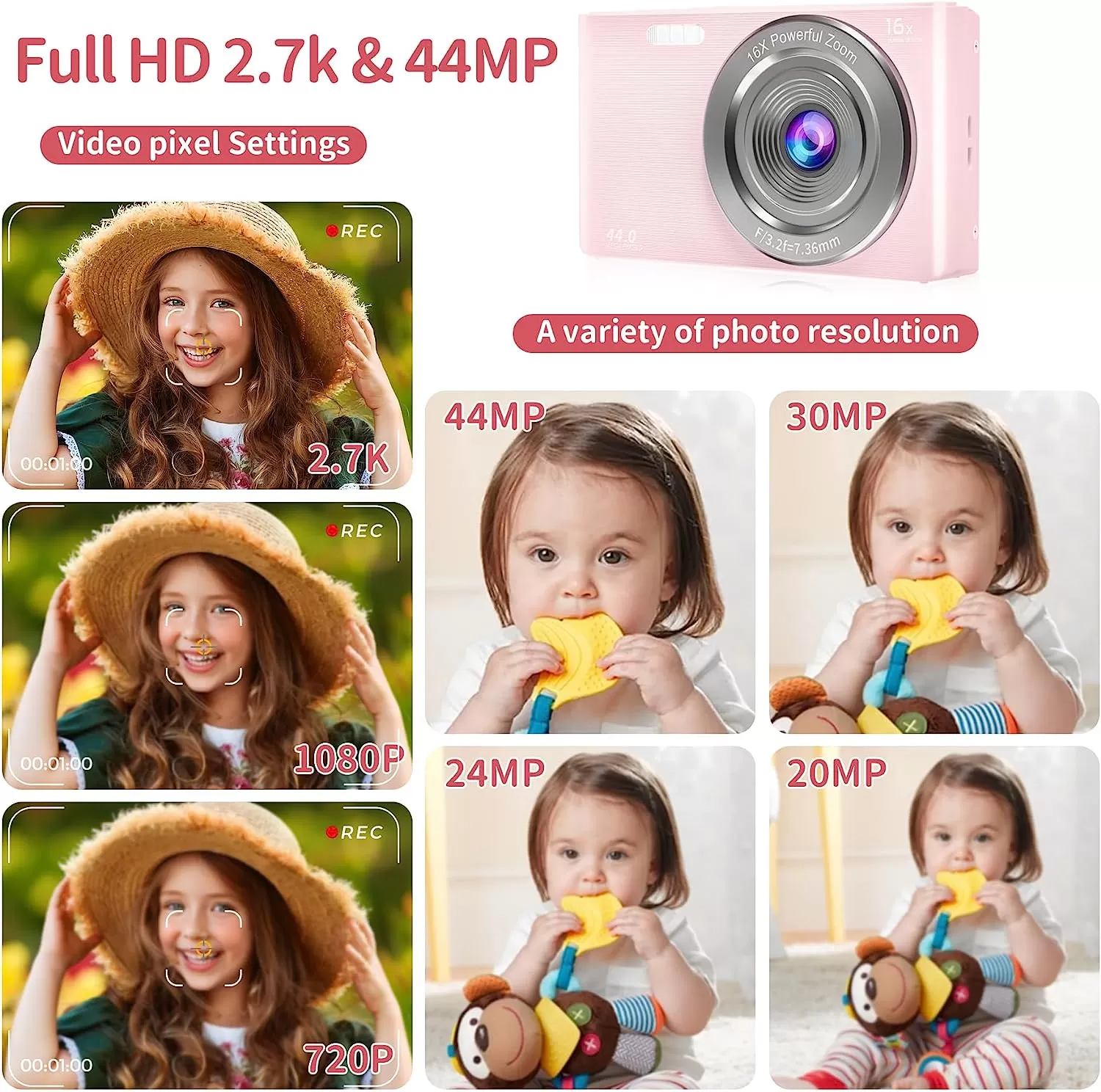 Saneen Digital Camera, FHD 2.7K Cameras for Photography, 44MP Kids Camera Small Compact Digital Camera for Teens, Adults & Beginners with 32GB SD Card, 16X Zoom, Two Rechargeable Batteries-Pink - Amazon