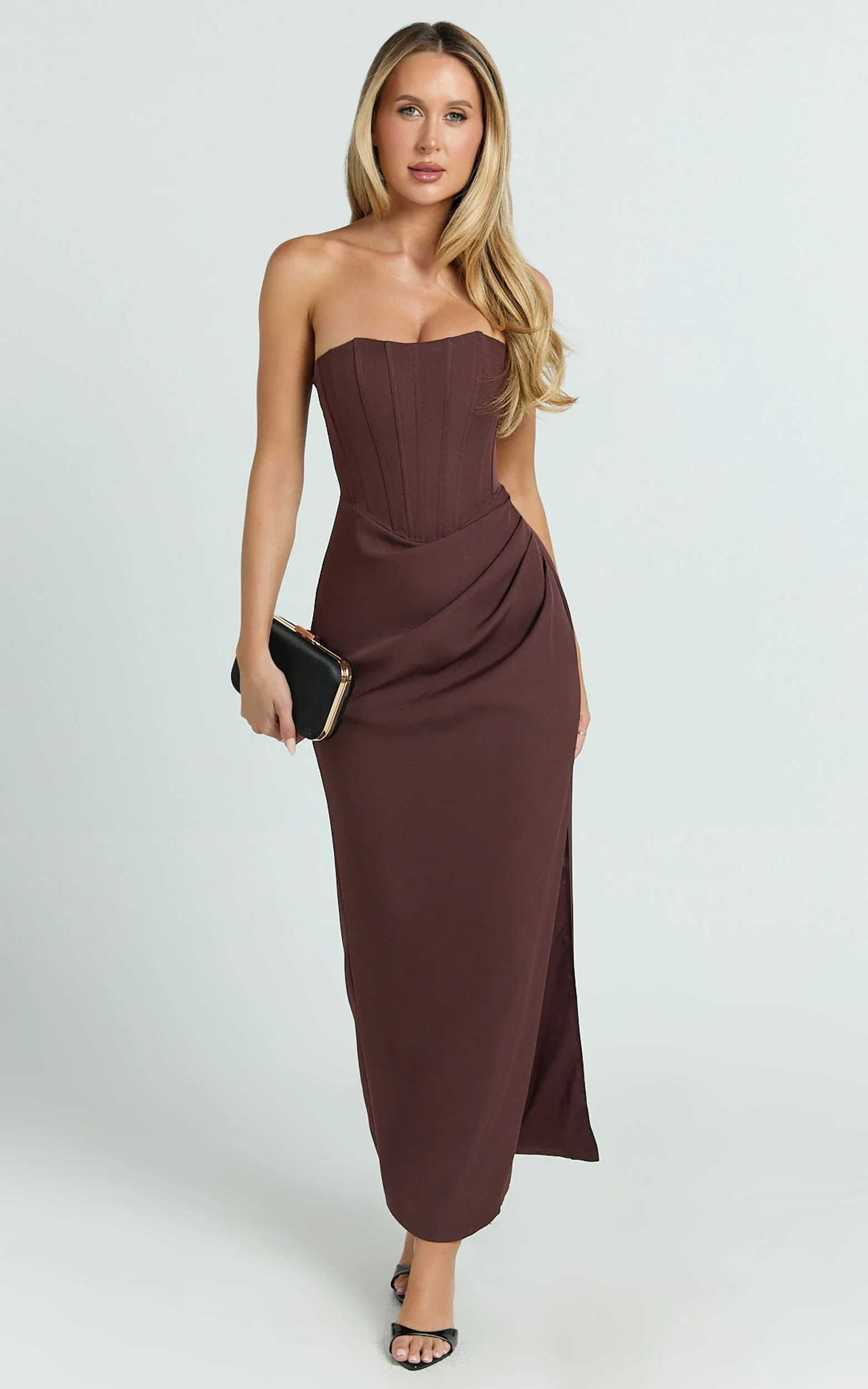Strapless Draped Side Split Dress in Chocolate
