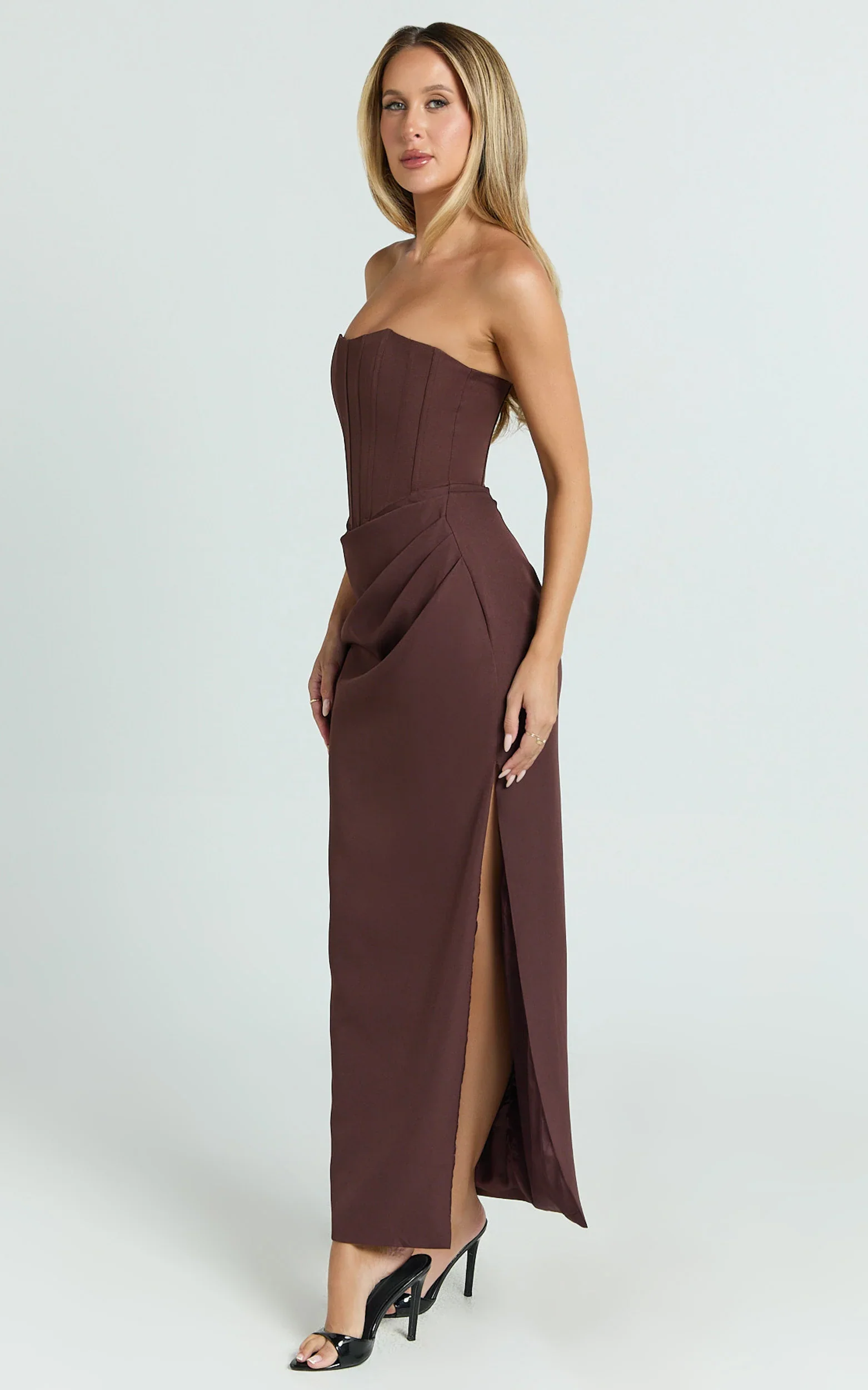 Strapless Draped Side Split Dress in Chocolate