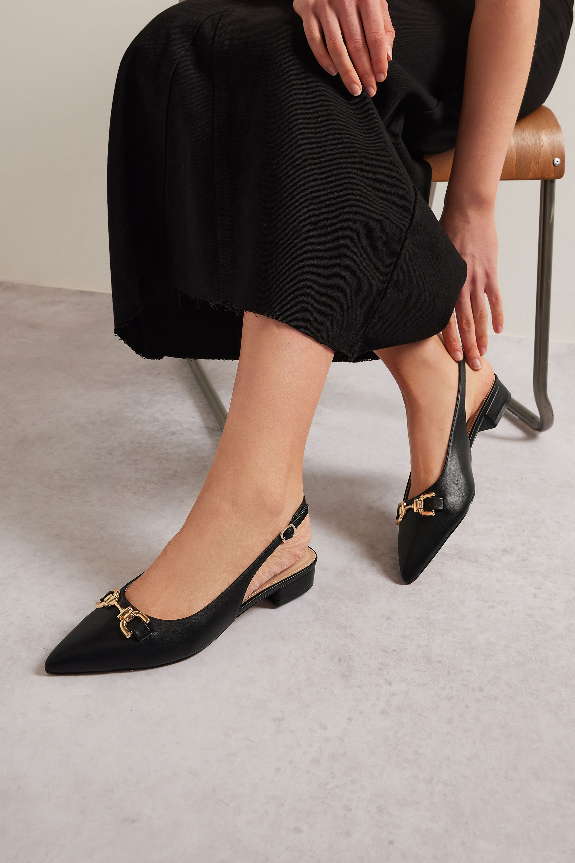 LTS LTS Black Metal Buckle Slingback Flats In Standard Fit