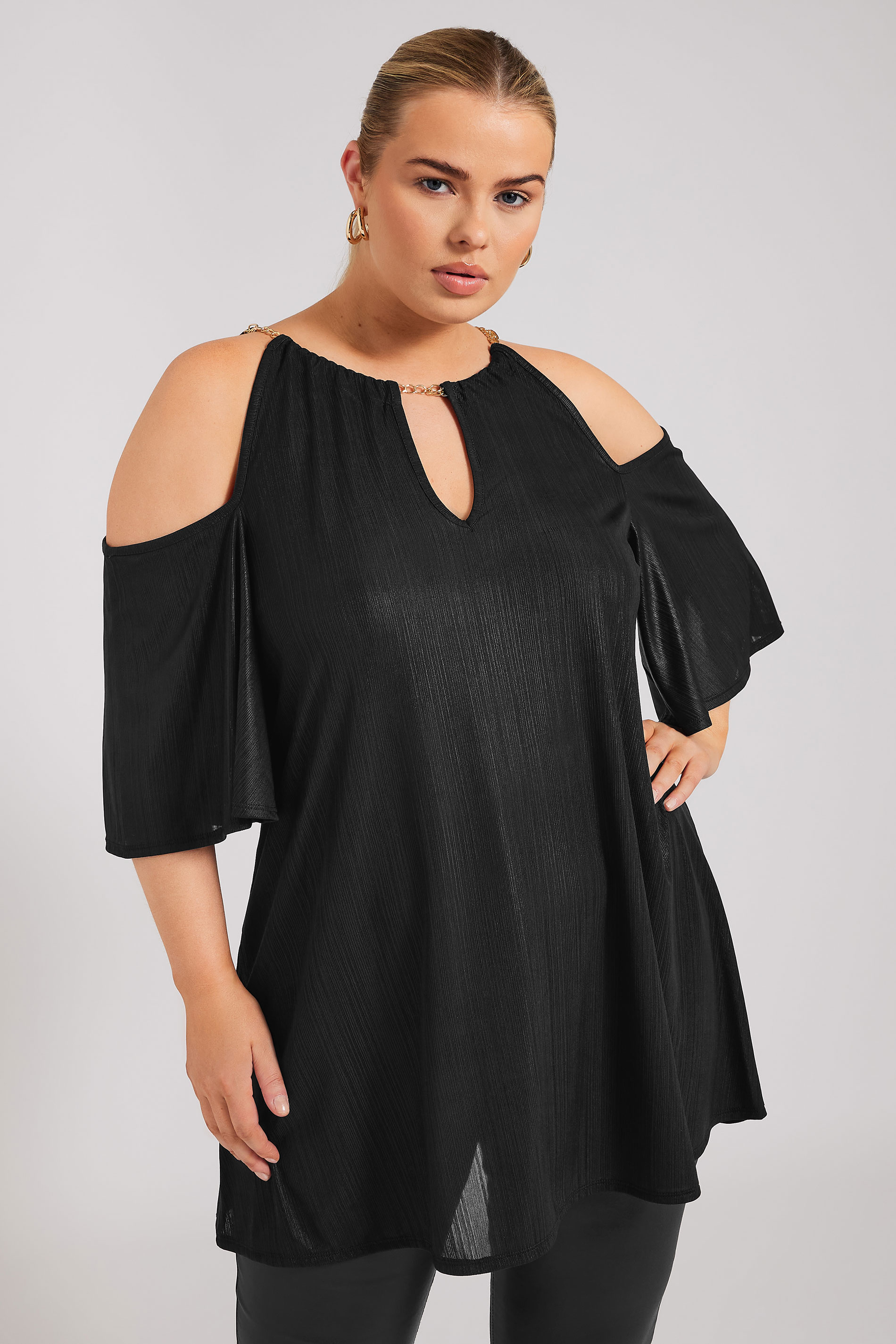 Yours London YOURS LONDON Curve Black Metallic Chain Detail Top