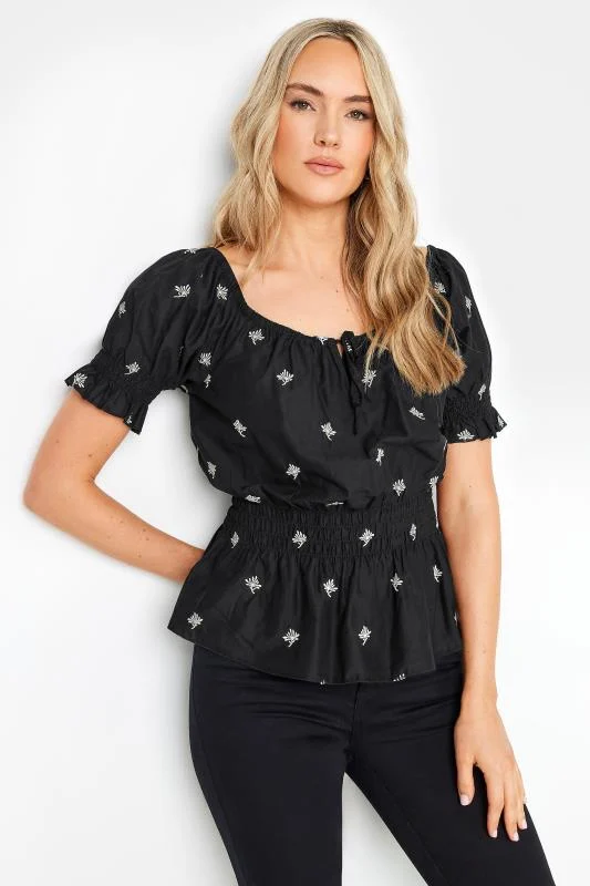 LTS LTS Tall Black Embroidered Tie Neck Top