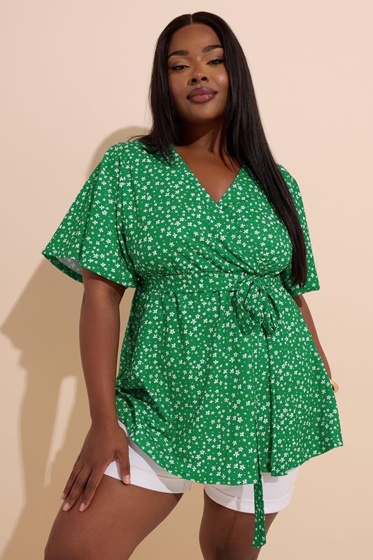 Yours YOURS Curve Green Ditsy Floral Print Wrap Top