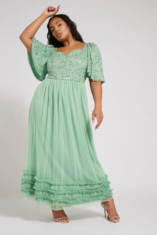 Luxe: Ultimate Embellishment LUXE Curve Sage Green Embellished Ruffle Maxi Dress