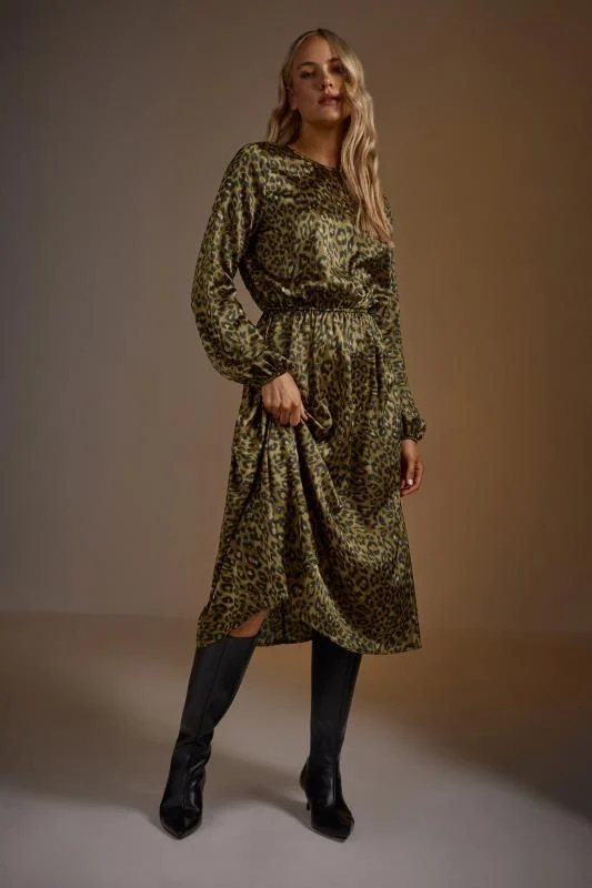 LTS LTS Tall Khaki Green Leopard Print Satin Midi Dress