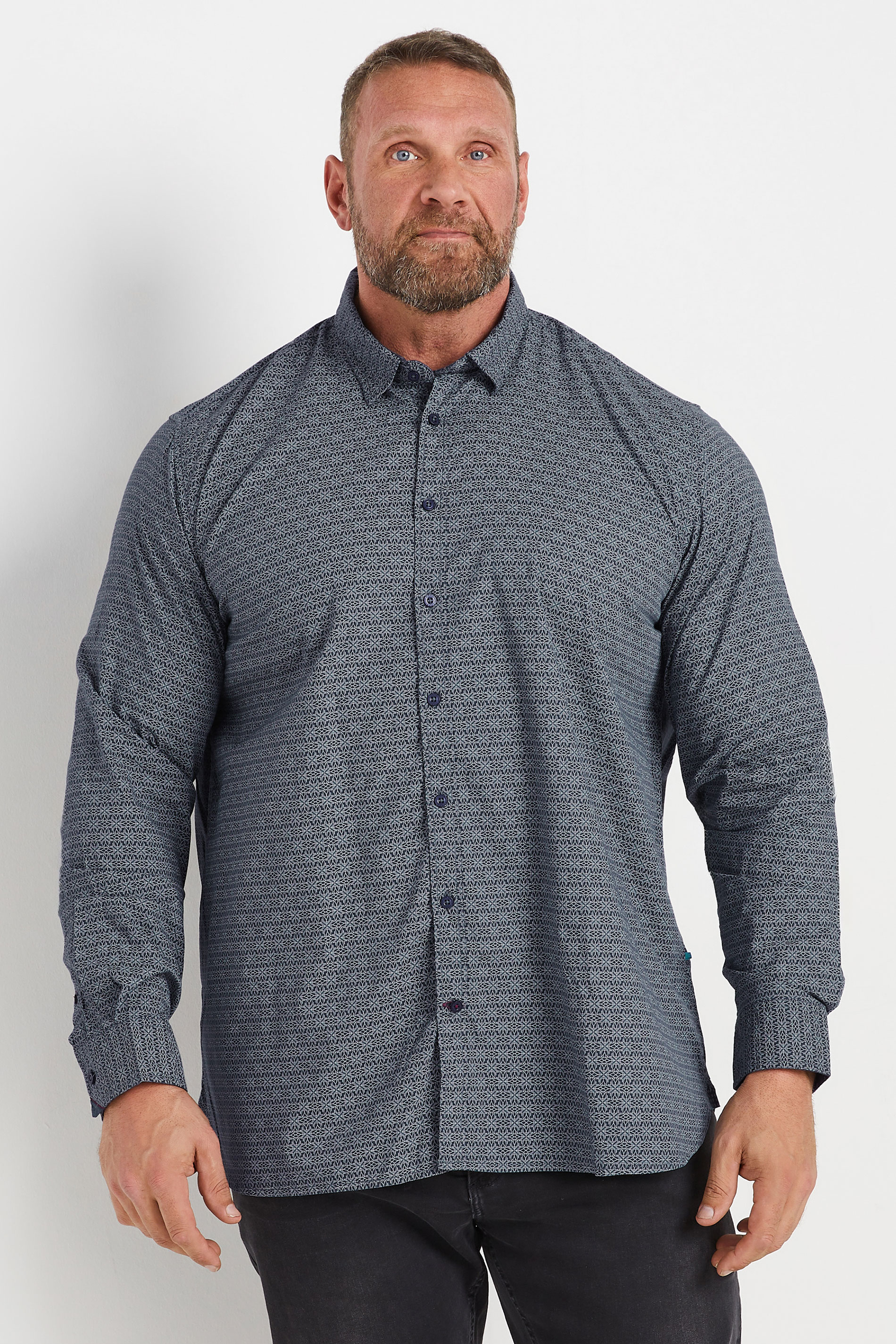 D555 D555 Big & Tall Navy Blue Geometric Print Button Shirt