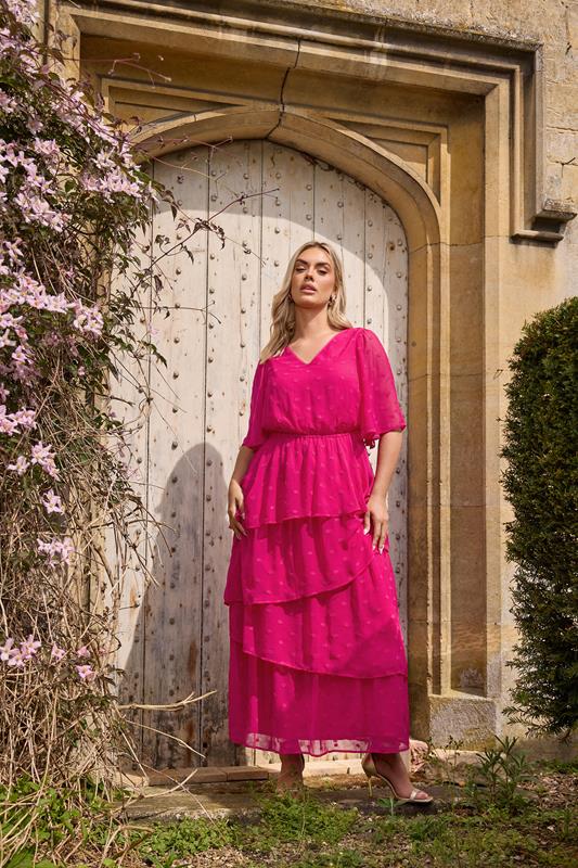 Yours YOURS Curve Bright Pink Dobby Frill Maxi Dress