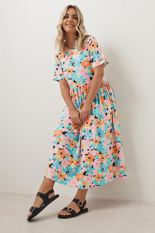 Yours YOURS Curve Orange & Blue Retro Floral Print Smock Midi Dress