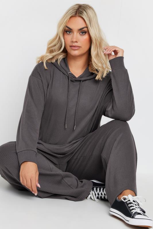 Yours YOURS Curve Charcoal Grey Ribbed Hoodie