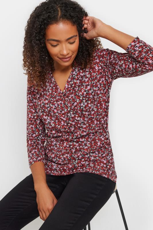 M&Co Womens M&Co Red Ditsy Floral Print Wrap Top