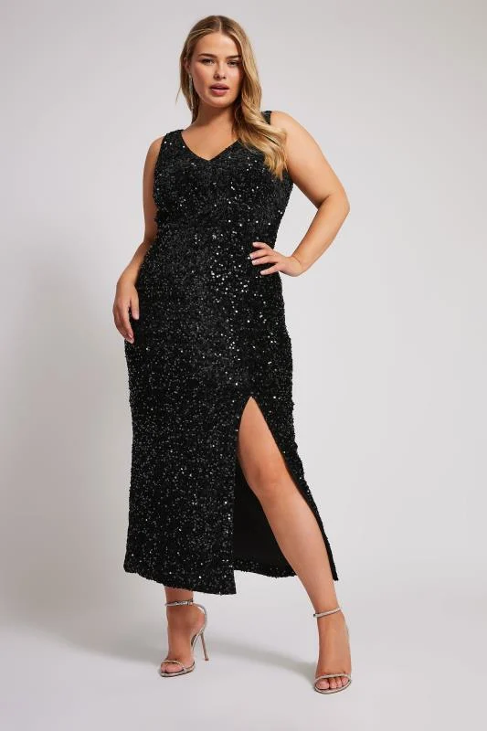 Yours London YOURS LONDON Curve Black Sequin Velvet Maxi Slip Dress