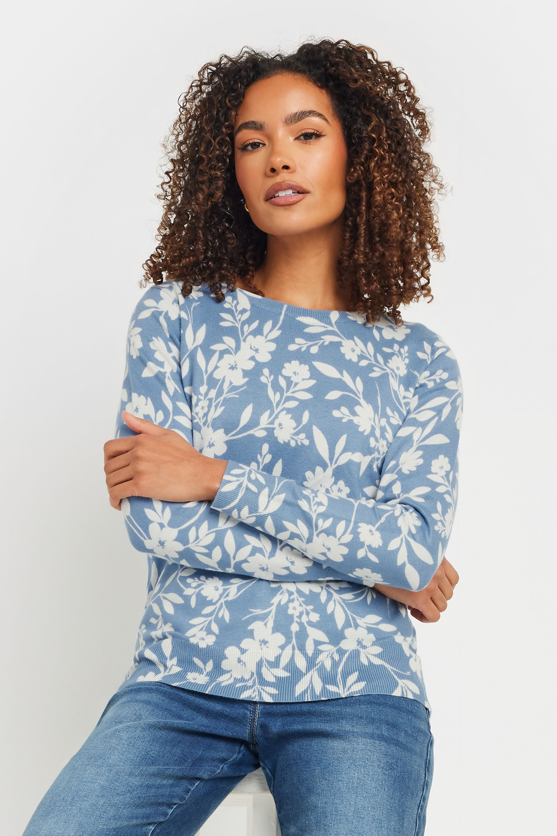 M&Co Womens M&Co Blue Floral Print Crew Neck Jumper