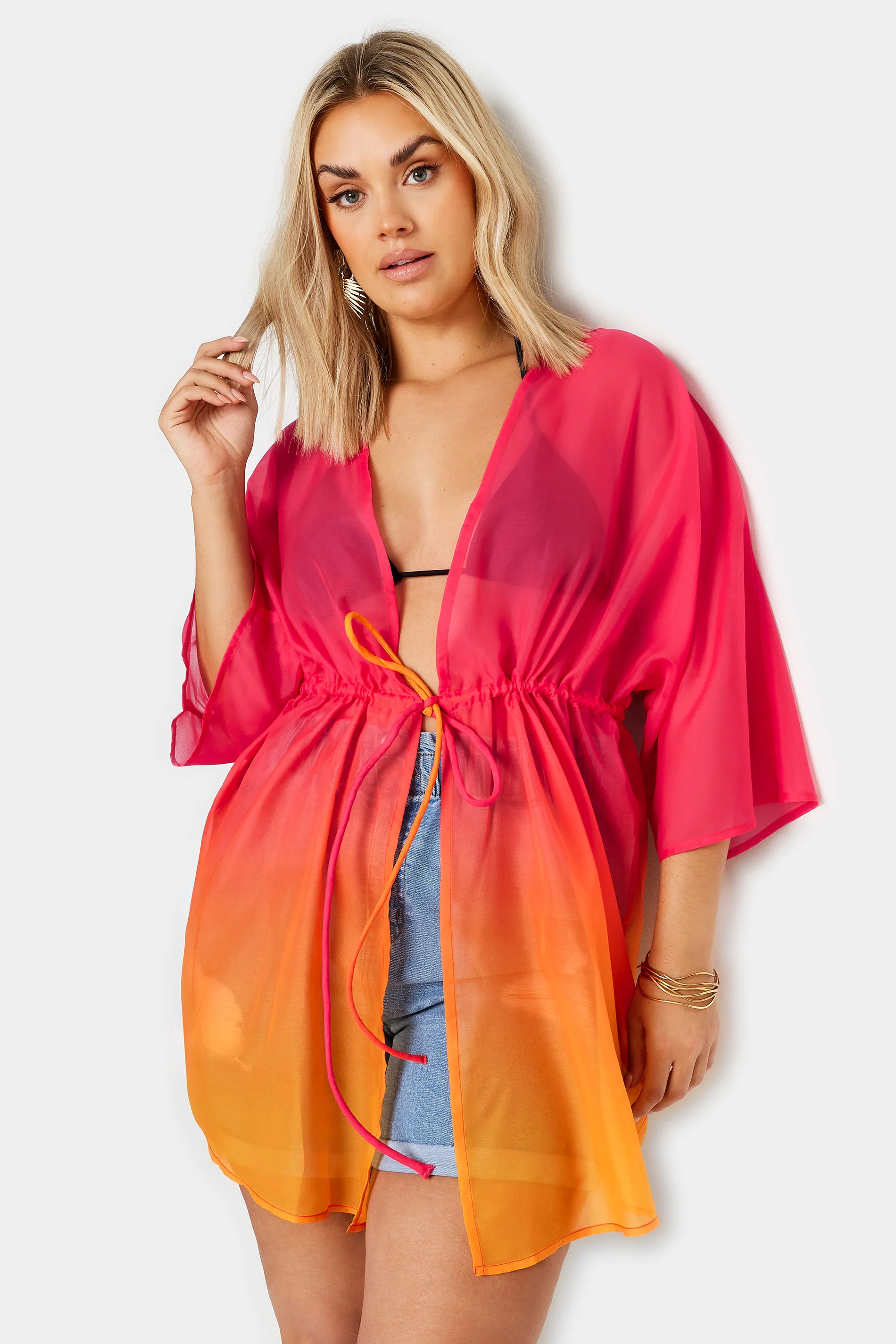 Yours YOURS Curve Pink & Orange Ombre Tie Front Kimono