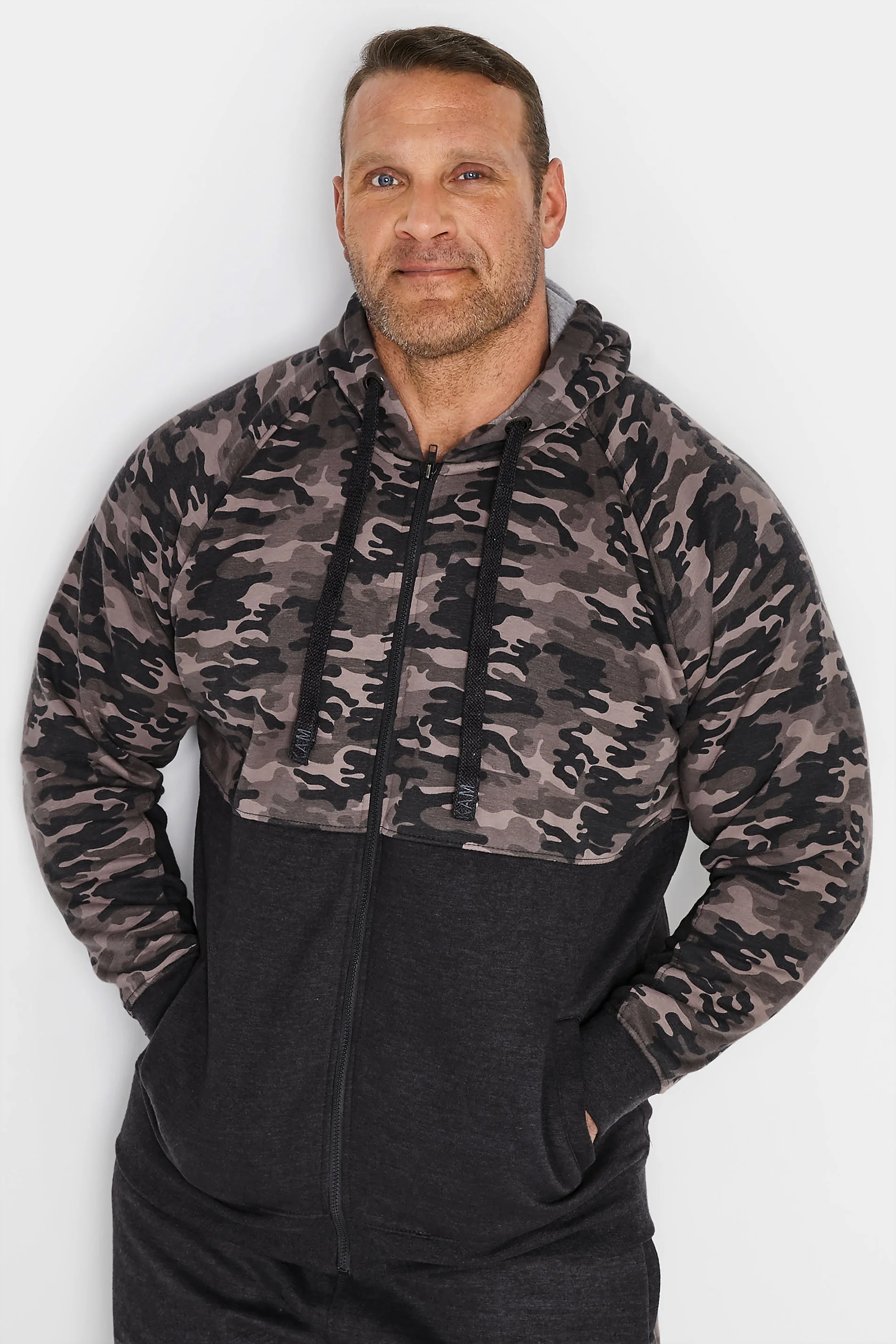 Kam KAM Big & Tall Charcoal Grey Camo Colour Block Zip Through Hoodie