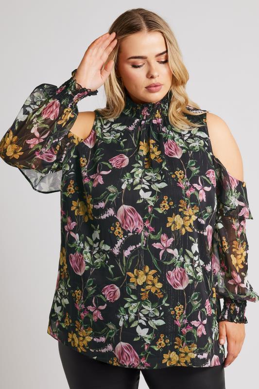 Yours London YOURS LONDON Curve Black Floral Print Metallic Cold Shoulder Blouse