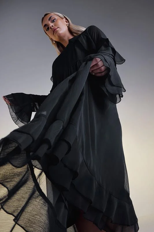 Yours YOURS Curve Black Chiffon Ruffle Maxi Dress