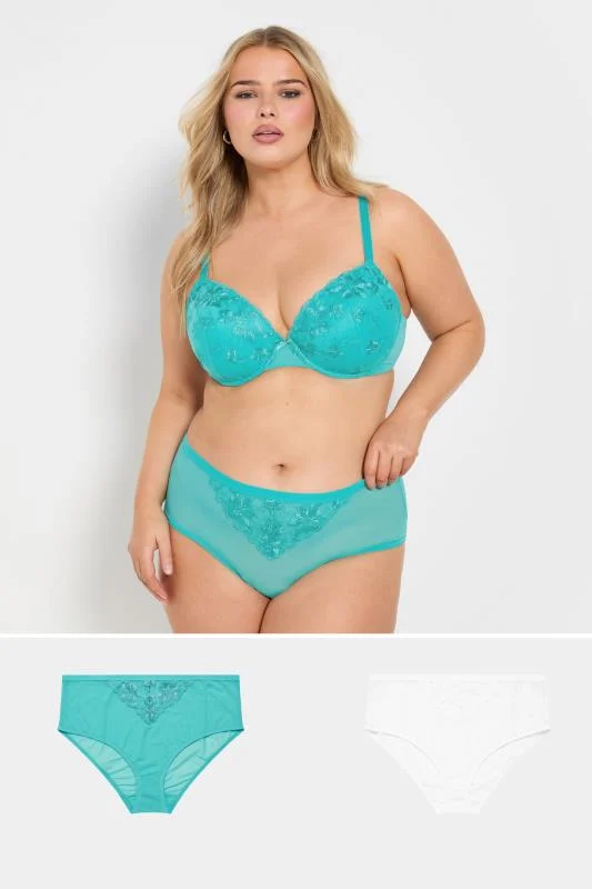 Yours YOURS Curve 2 PACK Blue & White Lace Embroidered Full Briefs